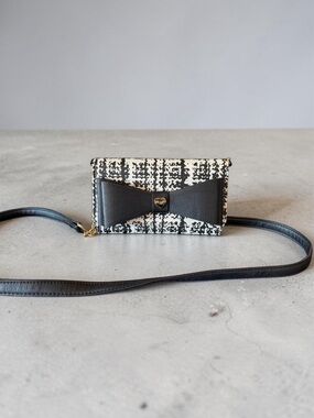 Betsey Johnson Black & White Tweed Crossbody Wallet with Bow Detail